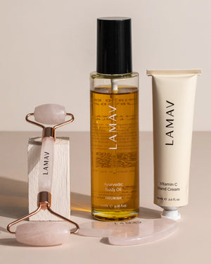 Pregnancy Pamper Pack by LAMAV — body oil, hand cream, and rose quartz tools | complete pregnancy skincare