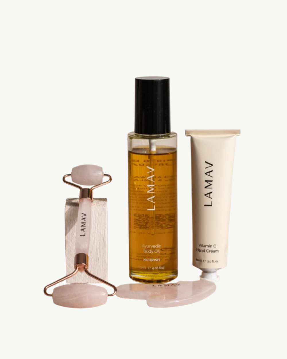 Pregnancy Pamper Pack by LAMAV — body oil, hand cream, and rose quartz tools | complete pregnancy skincare