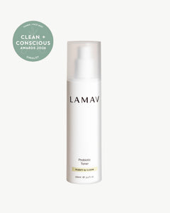 Probiotic Toner by LAMAV — front of bottle with award badge | award-winning clean beauty