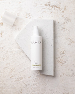 Probiotic Toner by LAMAV — bottle on white stone slab | balance and purify skin