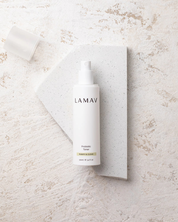 Probiotic Toner by LAMAV — bottle on white stone slab | balance and purify skin