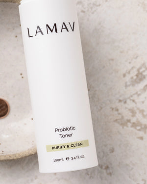 Probiotic Toner by LAMAV — close up of purify and clean label | organic skin balancing