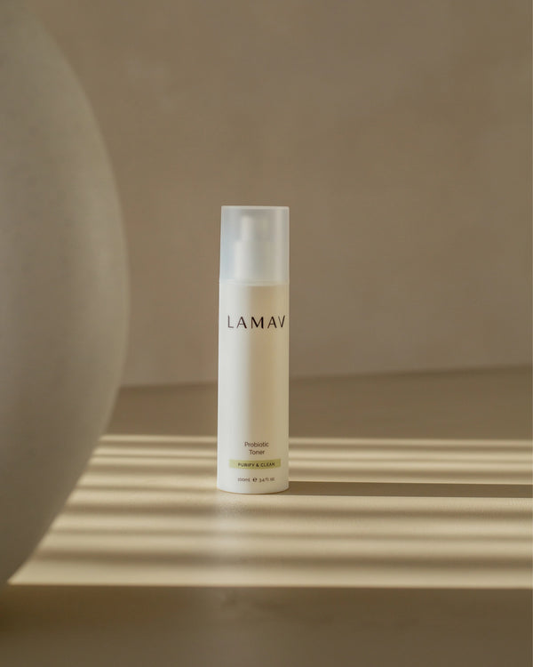 Probiotic Toner by LAMAV — bottle standing in warm sunlight | calming facial mist