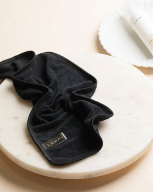 Reusable Bamboo Cleansing Cloth by LAMAV — black cloth on a round marble tray | gentle eco friendly cleansing