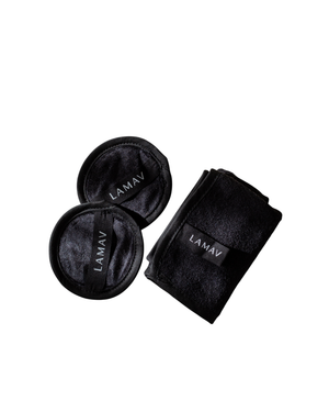 Reusable Bamboo Cleansing Facial Cloth & Makeup Wipes by LAMAV — two round pads and one folded cloth isolated on white | eco-friendly makeup removal