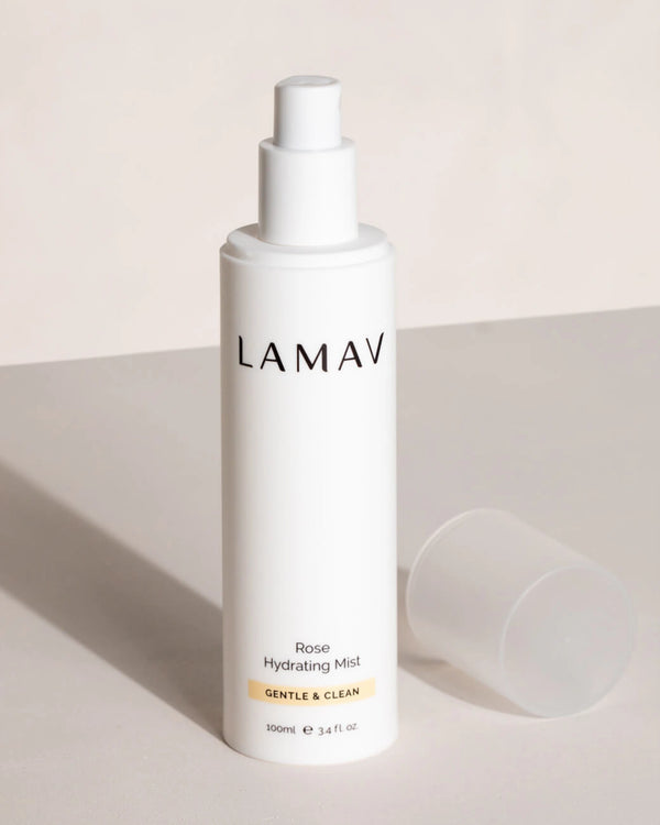 Rose Hydrating Mist by LAMAV — open bottle with cap on the side | hydrating makeup prep