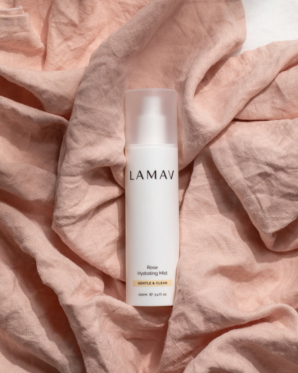 Rose Hydrating Mist by LAMAV — bottle resting on draped pink linen | soothing skin redness