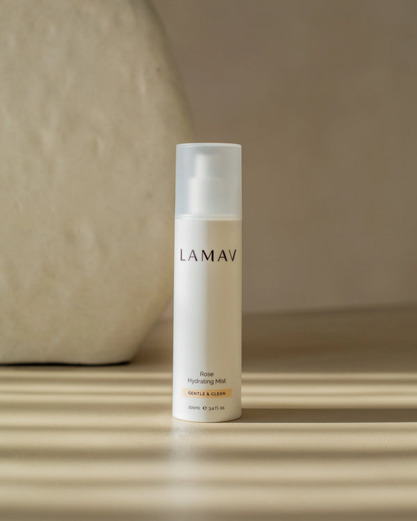 Rose Hydrating Mist by LAMAV — bottle standing in striped shadows | daily refreshing tone