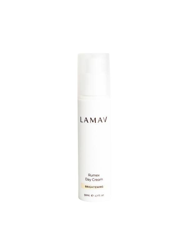 Rumex Advanced Lightening Cream by LAMAV — front view of the white pump bottle | daily organic brightening care