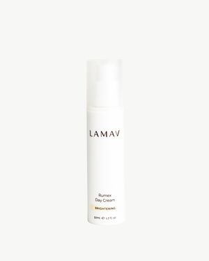 Rumex Advanced Lightening Cream by LAMAV — front view of the white pump bottle | daily organic brightening care