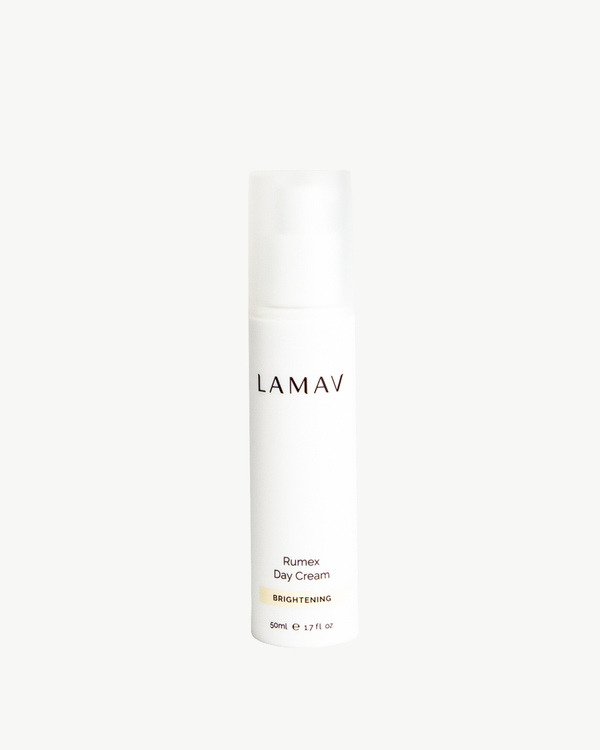 Rumex Advanced Lightening Cream by LAMAV — front view of the white pump bottle | daily organic brightening care