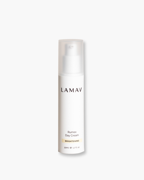 Rumex Advanced Lightening Cream by LAMAV — front view of the white pump bottle | daily organic brightening care