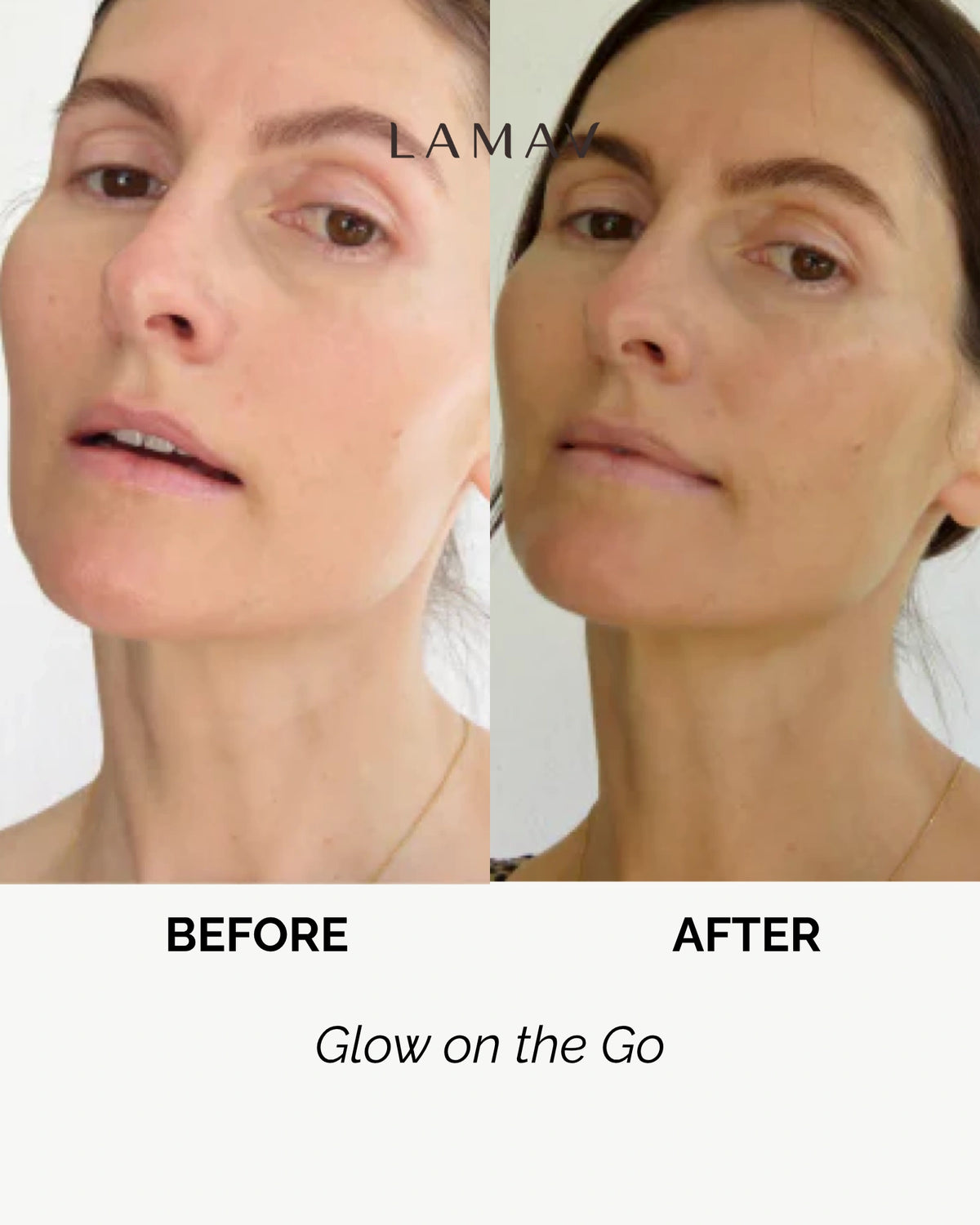 Self Tan Mist by LAMAV — before and after split screen of woman's face | builds a radiant healthy tan