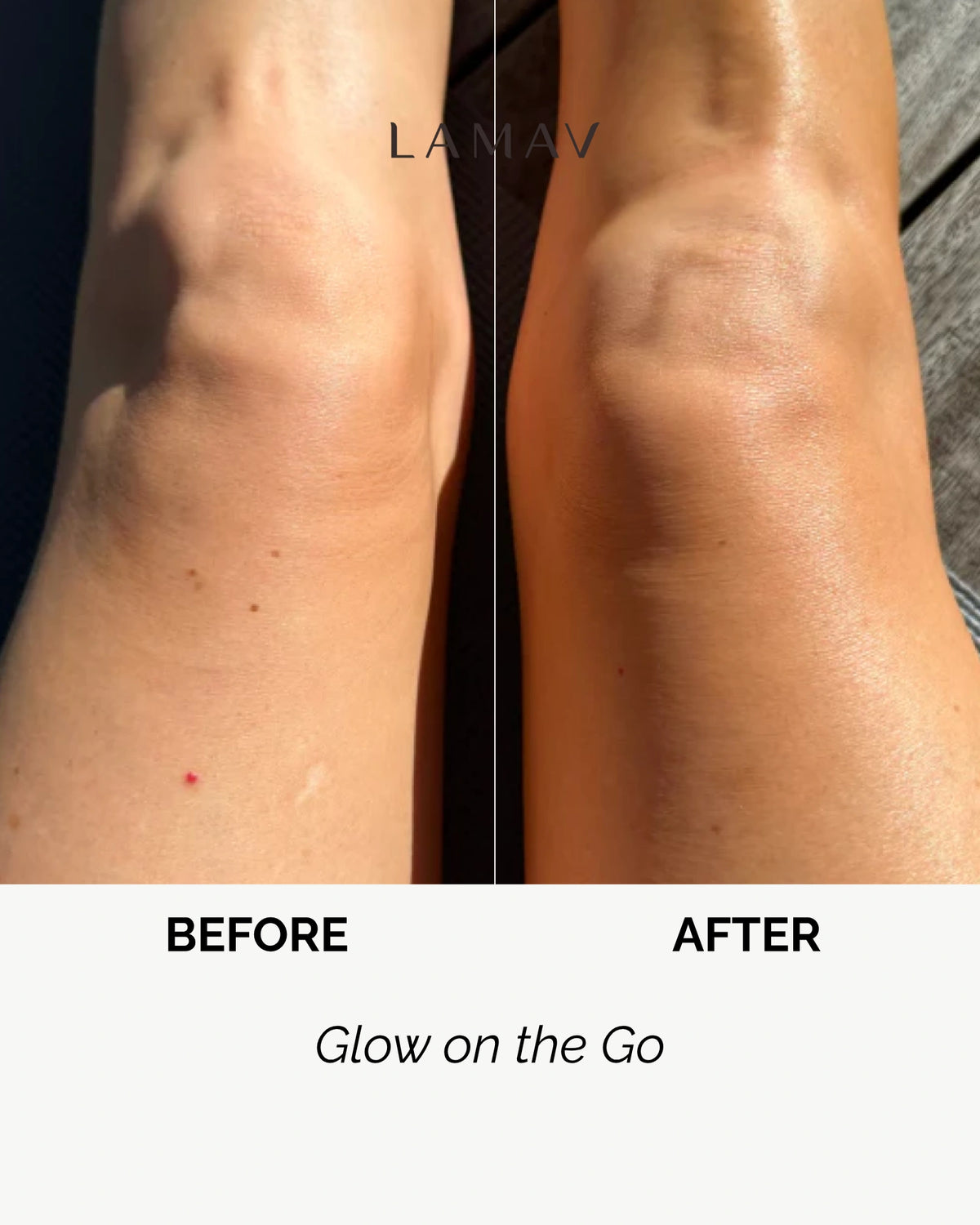 Self Tan Mist by LAMAV — before and after split screen of legs | delivers a natural sun-kissed glow
