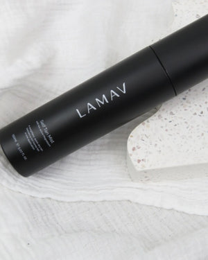 Self Tan Mist by LAMAV — black bottle on a terrazzo stone and linen | hydrating self tan
