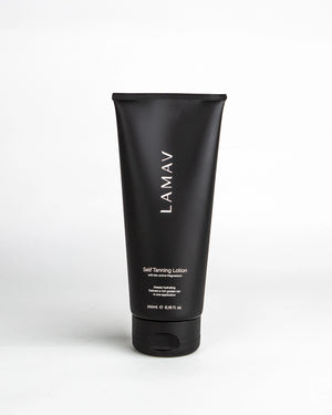 Self Tanning Lotion Medium by LAMAV — black 200ml tube front view | natural sunless golden tan