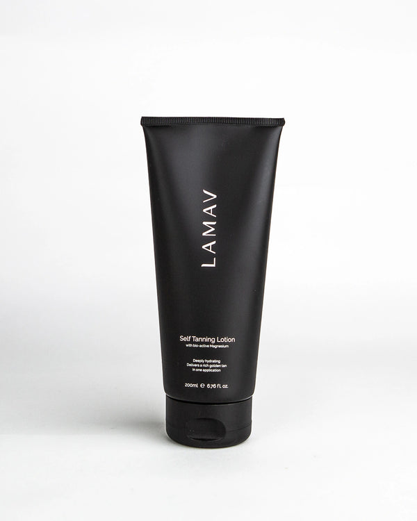 Self Tanning Lotion Medium by LAMAV — black 200ml tube front view | natural sunless golden tan