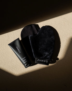 Self Tanning Lotion Medium by LAMAV — tube with black tanning mitt | streak-free application