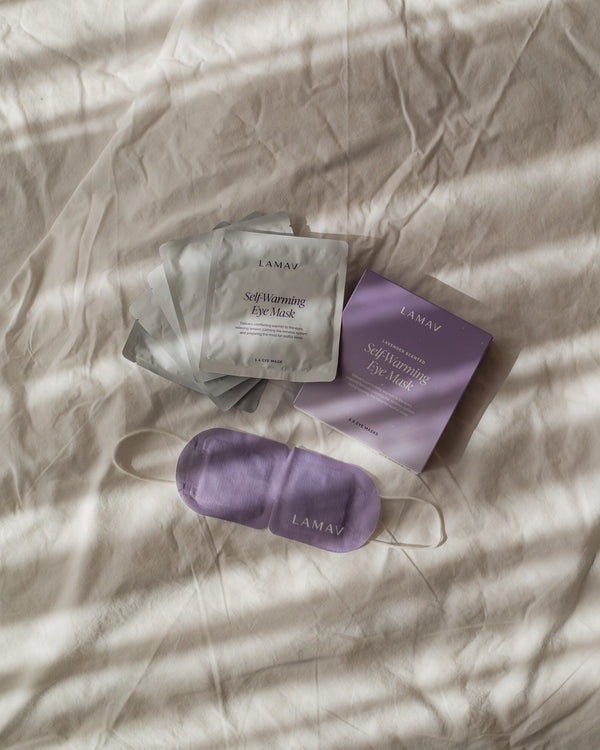 Self-Warming Eye Mask by LAMAV — lavender box with mask and foil pouches | calming aroma