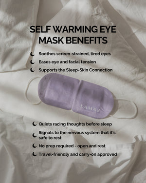 Self-Warming Eye Mask by LAMAV — purple mask on bed sheets with list of benefits | soothes tired eyes