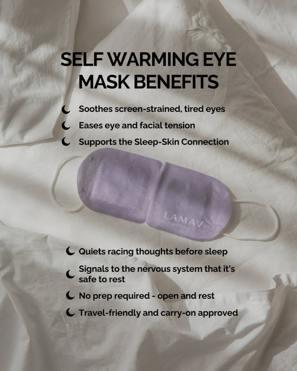 Self-Warming Eye Mask by LAMAV — purple mask on bed sheets with list of benefits | soothes tired eyes