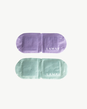 Self-Warming Eye Mask by LAMAV — purple and green masks on white background | calming eye relief