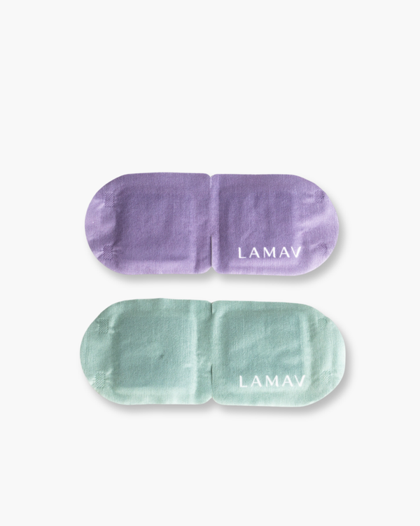 Self-Warming Eye Mask by LAMAV — purple and green masks on white background | calming eye relief