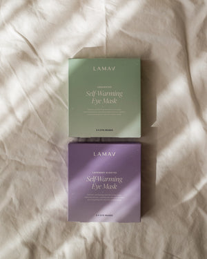 Self-Warming Eye Mask by LAMAV — unscented and lavender scented boxes | choose your relaxation