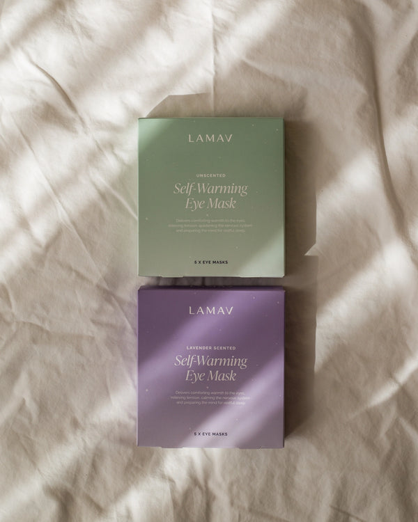 Self-Warming Eye Mask by LAMAV — unscented and lavender scented boxes | choose your relaxation