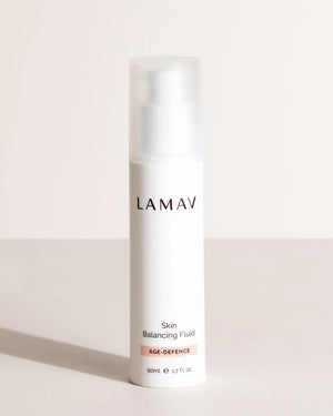 Skin Balancing Fluid by LAMAV — 50ml white pump bottle on beige background | lightweight age-defence hydration