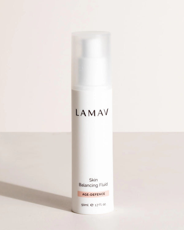 Skin Balancing Fluid by LAMAV — 50ml white pump bottle on beige background | lightweight age-defence hydration