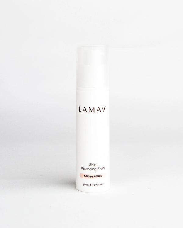 Skin Balancing Fluid by LAMAV — 50ml white pump bottle on white background | balances oily and combination skin