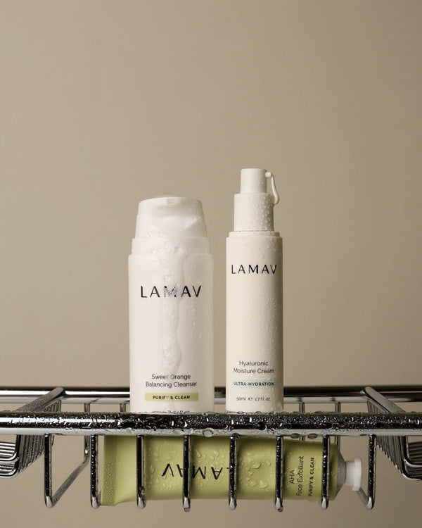 Skincare Bundle by LAMAV — wet cleanser, cream, and exfoliant on a wire shower caddy | refreshing daily wash