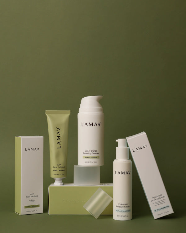 Skincare Bundle by LAMAV — skincare products displayed with their boxes on green backdrop | organic skin prep