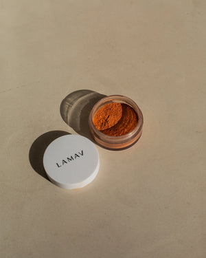 Sunkissed Bronzer by LAMAV — open jar showing powder top view | rich earth minerals for natural tint