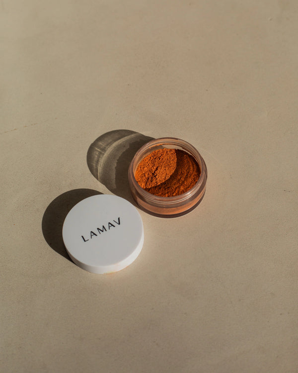 Sunkissed Bronzer by LAMAV — open jar showing powder top view | rich earth minerals for natural tint