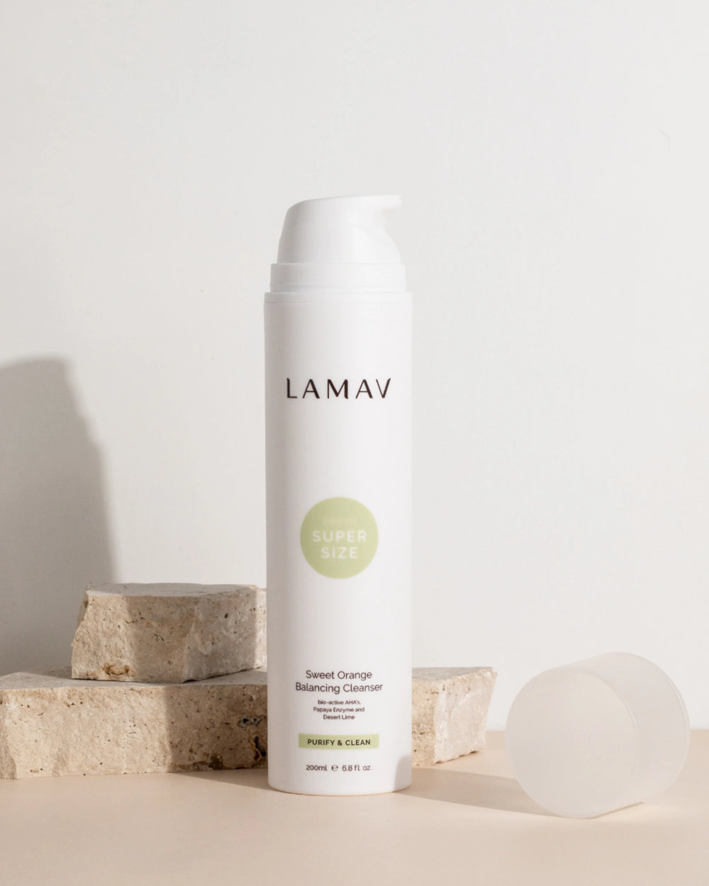 Super Sized Sweet Orange Balancing Cleanser by LAMAV — bottle next to industry awards | award-winning organic care