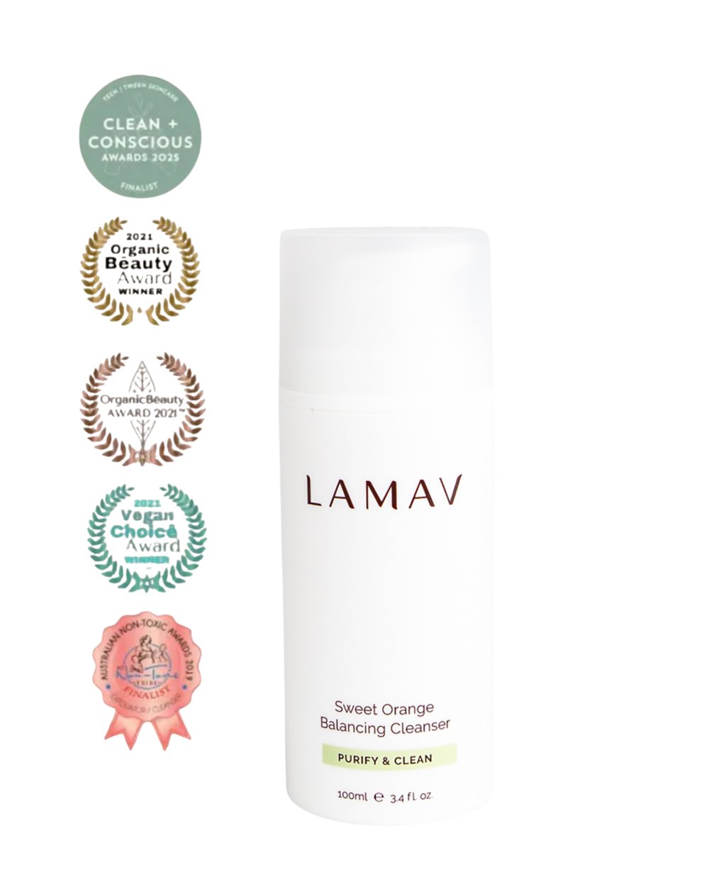 Sweet Orange Balancing Cleanser by LAMAV — bottle next to industry awards | award-winning natural skincare