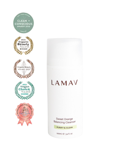 Sweet Orange Balancing Cleanser by LAMAV — bottle next to industry awards | award-winning natural skincare
