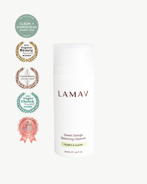 Sweet Orange Balancing Cleanser by LAMAV — bottle next to industry awards | award-winning natural skincare