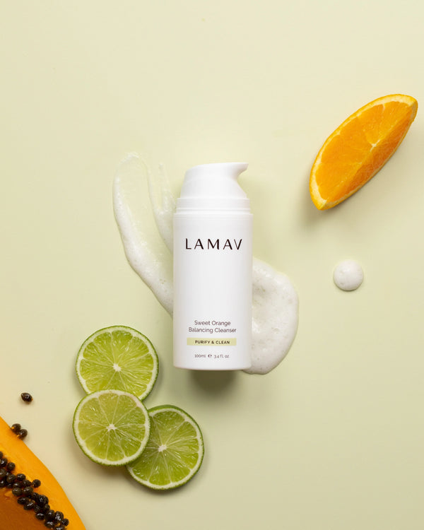 Sweet Orange Balancing Cleanser by LAMAV — bottle with orange, lime and papaya | fruit enzymes balance skin