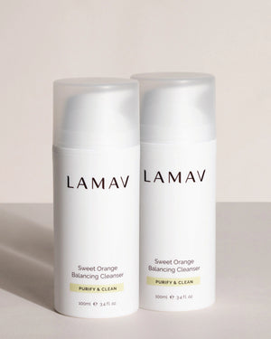 Sweet Orange Balancing Cleanser by LAMAV — two 100ml bottles front view | deeply purifies and balances oily skin