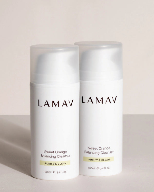 Sweet Orange Balancing Cleanser by LAMAV — two 100ml bottles front view | deeply purifies and balances oily skin