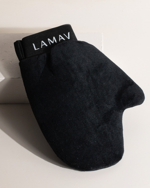Tan Application Mitt by LAMAV — black mitt facing forward thumb to the right | soft reusable applicator