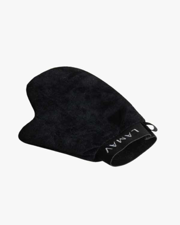 Tan Application Mitt by LAMAV — black velvet mitt angled on white background | protects hands from stains