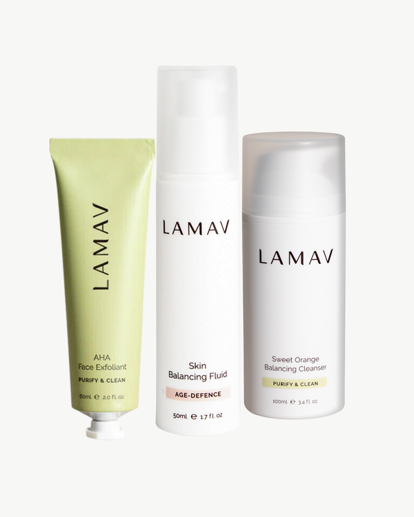 Teen Clear Complexion Kit by LAMAV — three products isolated on a white background | daily clear skin essentials