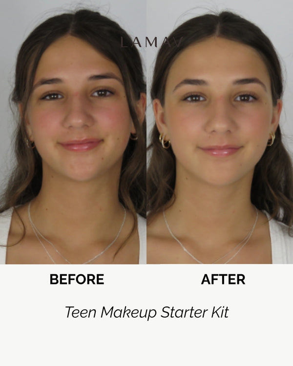 Teen Makeup Starter Kit by LAMAV — smiling teen before and after applying makeup | achieves a flawless natural look