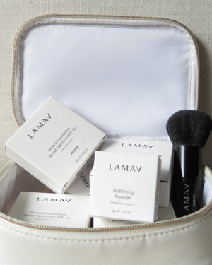 Teen Makeup Starter Kit by LAMAV — product boxes and brush inside a makeup bag | complete mineral foundation routine