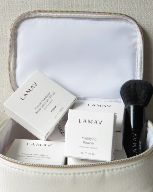 Teen Makeup Starter Kit by LAMAV — product boxes and brush inside a makeup bag | complete mineral foundation routine