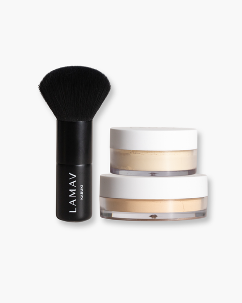 Teen Makeup Starter Kit by LAMAV — mineral foundation, mattifying powder and brush on white | gentle organic makeup